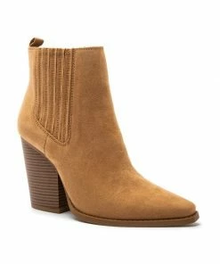 Qupid Slay Pointy Toe Block Heeled Bootie Tan