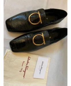 Salvatore Ferragamo Black Lana Embellished Textured Patent-leather Loafers SHOES 26 Salvatore Ferragamo Black Lana Embellished Textured Patent-leather Loafers SHOES